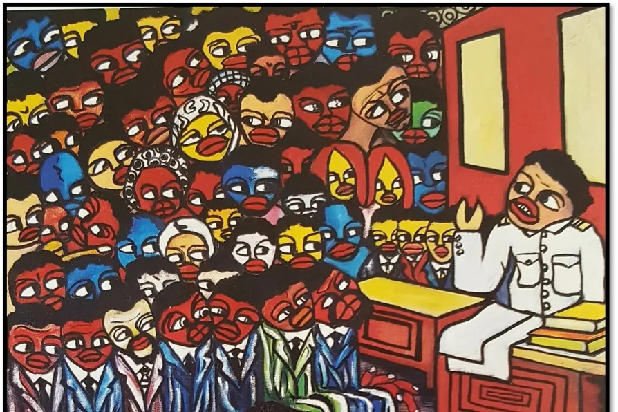 Judgement of Frelimo Militants, 1966. Images like this, made after Malangatana’s release from prison directly reference FRELIMO’s challenge to colonialism [Pic: FMVN/Courtesy of Richard Gray]