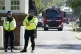 A fire engine leaves Bicester Motion in Oxfordshire where two firefighters and a member of the public have died, and two firefighters were also seriously injured, May 16, 2025