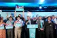 Reform UK party leader Nigel Farage with his party's candidates onstage during a campaign event at Stafford Showground, Stafford, whilst campaigning for this week's local elections, April 30, 2025