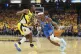 Oklahoma City Thunder guard Shai Gilgeous-Alexander (2) drives as Indiana Pacers forward Aaron Nesmith (23) defends during the second half of Game 4 of the NBA Finals basketball series, June 13, 2025, in Indianapolis