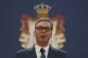 Serbian President Aleksandar Vucic attends a news conference with Former Jamaican sprinter and an ambassador of the EXPO 2027 exhibition Usain Bolt at the Serbia Palace in Belgrade, Serbia, Tuesday, June 17, 2025.