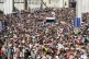 Participants in the Pride march cross the Elisabeth Bridge in Budapest, Hungary, June 28, 2025