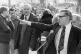 Mick McGahey, vice-president of the National Union of Mineworkers addresses a rally, attended by MP Tony Benn (c), February 14, 1985