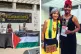 Louise Raw and Louise Regan with the Palestine flag and the other one is of Laura Alvarez (on the left) and Jamila Bolton-Gordon