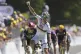 Slovenia's Tadej Pogacar celebrates as he crosses the finish line to win the seventh stage of the Tour de France cycling race over 197 kilometers (122.4 miles) with start in Saint-Malo and finish in Mur-de-Bretagne Guerledan, France, Friday, July 11, 2025