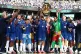 Chelsea's Reece James lifts the trophy as he celebrates with teammates and President Donald Trump (fifth from right) after Chelsea won against Paris St Germain in the Club World Cup final, at MetLife Stadium in East Rutherford, N.J., July 13, 2025