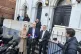 Australian government lawmaker Sarah Witty (centre left) Home Affairs Minister Tony Burke (centre) and Jewish government lawmaker Mark Dreyfus (centre right) address the media outside the East Melbourne Synagogue in Melbourne, Australia Sunday, July 6, 2025, after someone set fire to the synagogue's front door two days earlier