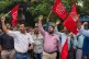 Bank employees shout slogans against privatization of public sector banks during a country-wide strike in Mumbai, India, July 9, 2025