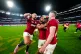 Bundee Aki, Finn Russell and Jamison Gibson-Park of the British and Irish Lions celebrate a series victory following the Lions Tour 2025, second test match at the Melbourne Cricket Ground, Melbourne, Australia, July 26, 2025