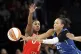 Las Vegas Aces guard Jackie Young (0) defends against Minnesota Lynx forward Napheesa Collier (24) during the first half of a WNBA basketball game, August 2, 2025, in Las Vegas. Photo: Steve Marcus/Las Vegas Sun via AP
