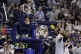 Daniil Medvedev, of Russia (bottom right) reacts next to chair umpire, Greg Allensworth (left) after a photographer ran onto the court during a match against Benjamin Bonzi, of France, in the first-round of the U.S. Open tennis championships, August 24