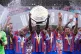 Crystal Palace's Marc Guehi lifts the shield with team-mates following victory in the FA Community Shield match at Wembley Stadium, London, August 10, 2025