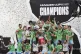 The Seattle Sounders lift the trophy as they celebrate beating Inter Miami in a Leagues Cup final soccer match, August 31, 2025, in Seattle