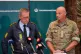 Chief of Police Thorkild Fogde (left), and Chief of Defense Michael Hyldgaard hold a press conference to provide an update on the recent drone activities at several airports in Denmark, at the Ministry of Defence in Copenhagen, September 25, 2025