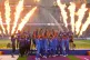 Team India mimic holding up a trophy as they celebrate winning the Asia Cup cricket final against Pakistan at Dubai International Cricket Stadium, United Arab Emirates, Sunday, Sept. 28, 2025