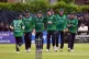 Ireland's George Dockrell celebrates the wicket of Pakistan's Saim Ayub during the third T20 international at the Castle Avenue Cricket Ground, Dublin, May 14, 2024
