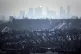 The Canary Wharf skyline viewed through the haze from Alexandra Palace, north London