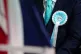 A person wearing a Reform UK rosette at the party's launch of 'Our Contract with You' in Merthyr Tydfil, June 17, 2024