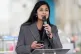Zarah Sultana, MP for Coventry South, addresses protesters during a Stop Trump Coalition protest in Parliament Square, London, on day one of the US President's second state visit to the UK, September 17, 2025