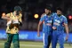 India's Arshdeep Singh (second right) exchanges words with South Africa's captain Aiden Markram (left) after taking his wicket during the third T20 cricket match between India and South Africa in Dharamshala, India, December 14, 2025