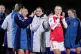 Arsenal manager Renee Slegers celebrates the win with the players after the UEFA Women's Champions League match at Meadow Park, Borehamwood, November 19, 2025