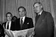 The fate of The Times newspaper was revealed at a press conference in Portman Hotel, London. (L-R) Harold Evans, Sunday Times Editor; New owner and Australian press magnate Rupert Murdoch and William Rees-Mogg, The Times Editor
