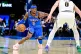 Oklahoma City Thunder guard Shai Gilgeous-Alexander (2) drives against Denver Nuggets guard Christian Braun (0) during the second half of an NBA basketball game, March 9, 2026, in Oklahoma City