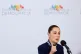 Mexican President Claudia Sheinbaum addresses the media at the Meeting in Defence of Democracy summit, in Barcelona, Spain, April 18, 2026