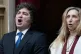 Argentina's President Javier Milei, left, and his sister, General Secretary of the Presidency Karina Milei sing their national anthem, in Buenos Aires, Argentina, April 29, 2026