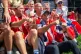 Viktor Hovland celebrates his victory with fellow Norwegians as they do the Viking Row on the 18th green after winning a playoff at the 2026 Travelers Championship at TPC River Highlands in Cromwell, Conn, June 29, 2026