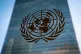 The symbol of the United Nations is displayed outside the Secretariat Building, February 28, 2022, at United Nations Headquarters