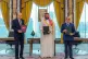 From left, Turkish President Recep Tayyip Erdogan, Saudi Crown Prince Mohammed bin Salman and Pakistani Prime Minister Shehbaz Sharif pose after signing a trilateral defense agreement in Mecca