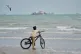 A gull flies overhead as a boy stands with his bicycle on a beach overlooking commercial vessels anchored in the Strait of Hormuz off Bandar Abbas, Iran, September 7, 2026