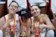 Breanna Stewart, of the United States,, left, and Paige Bueckers pose with trophy after the Women's Basketball World Cup final match between the United States and France in Berlin, September 13, 2026
