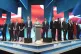 Reform UK leader Nigel Farage (centre) sings the national anthem with Reform UK figures during the far-right party’s Conference at the National Exhibition Centre in Birmingham, September 5, 2026