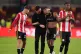 DELIGHTED: Brentford’s Vitaly Janelt, manager Keith Andrews and Igor Thiago celebrate after the final whistle (left to right) 
