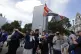 Far-right goons gather around the box encasing Winston Churc