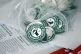 Pro-union pins sit on a table during a watch party for Starb