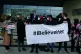 Demonstrators outside the court