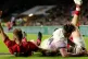 Wales' Gareth Anscombe's (left) try is ruled out after a ref