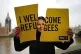 An Amnesty International campaigner, wearing a Priti Patel m
