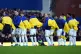 SHOWING SUPPORT: Everton players with Ukraine flags before a