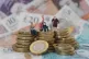 Models of elderly people on a pile of coins and bank notes
