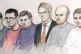 A sketch by court artist Elizabeth Cook of defendants at the