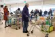 Queues in a supermarket as people buy food in preparation fo