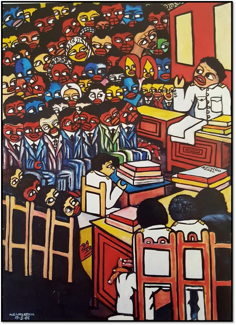 Judgement of Frelimo Militants, 1966. Images like this, made after Malangatana’s release from prison directly reference FRELIMO’s challenge to colonialism [Pic: FMVN/Courtesy of Richard Gray]